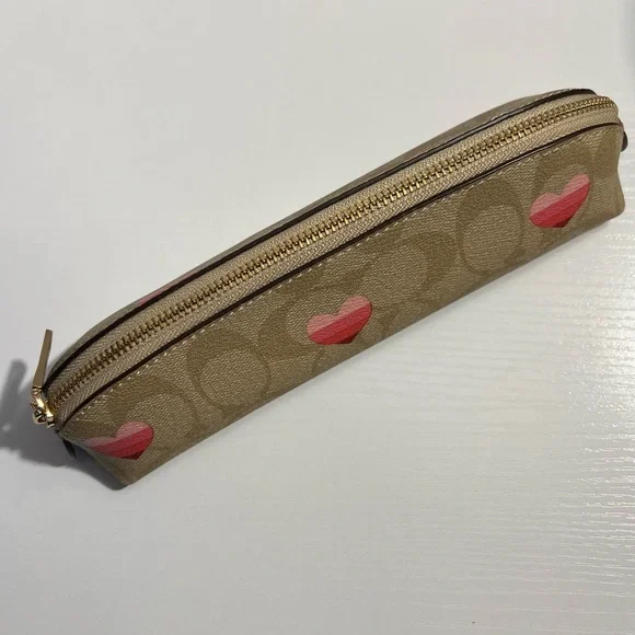 Coach Pencil Case In Signature Canvas with Stripe Heart Print - Picture 4 of 12
